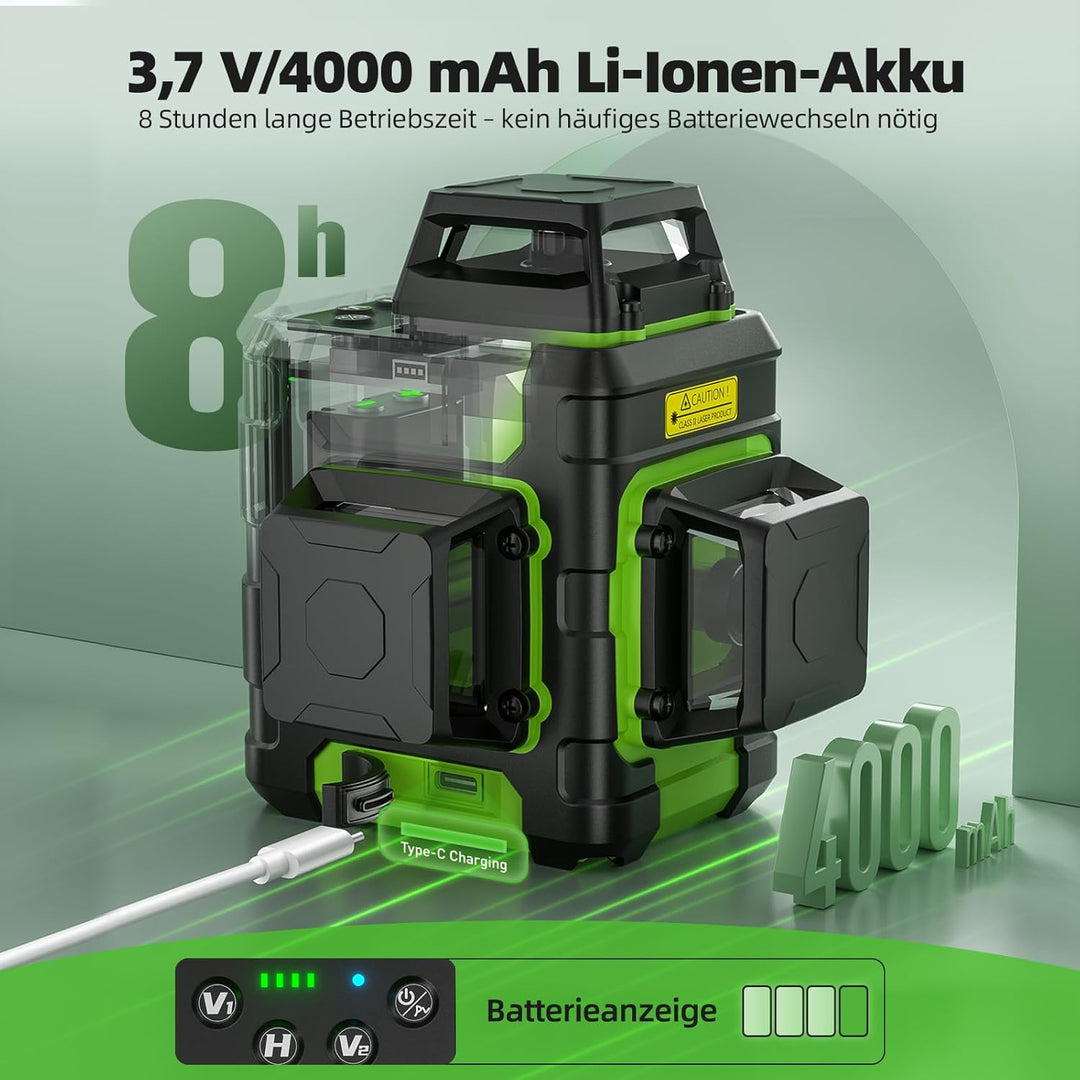 Huepar Kreuzlinienlaser 360 grün, selbstnivellierend, wiederaufladbar, Laser Wasserwaage 3x360°, 3D-