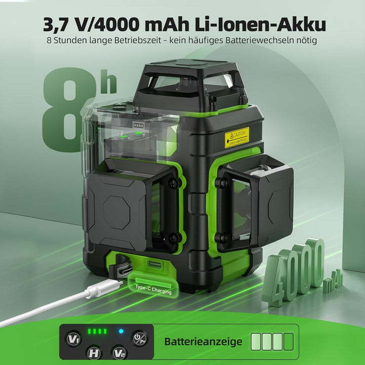 Huepar Kreuzlinienlaser 360 grün, selbstnivellierend, wiederaufladbar, Laser Wasserwaage 3x360°, 3D-