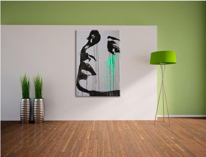 Abstrakt gezeichnete Frau schwarz/weiss Format: 100x70 auf Leinwand, XXL riesige Bilder fertig gerah