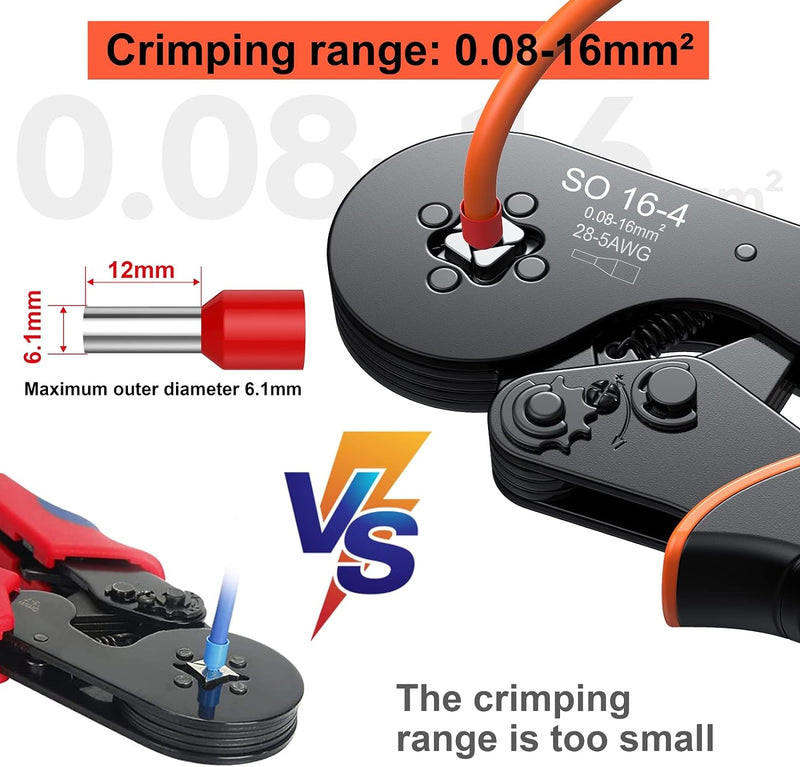 Crimpzange 0,08-16 mm², Preciva Aderendhülsenzange Crimpwerkzeuge Vierkant Crimpzange für Isolierte