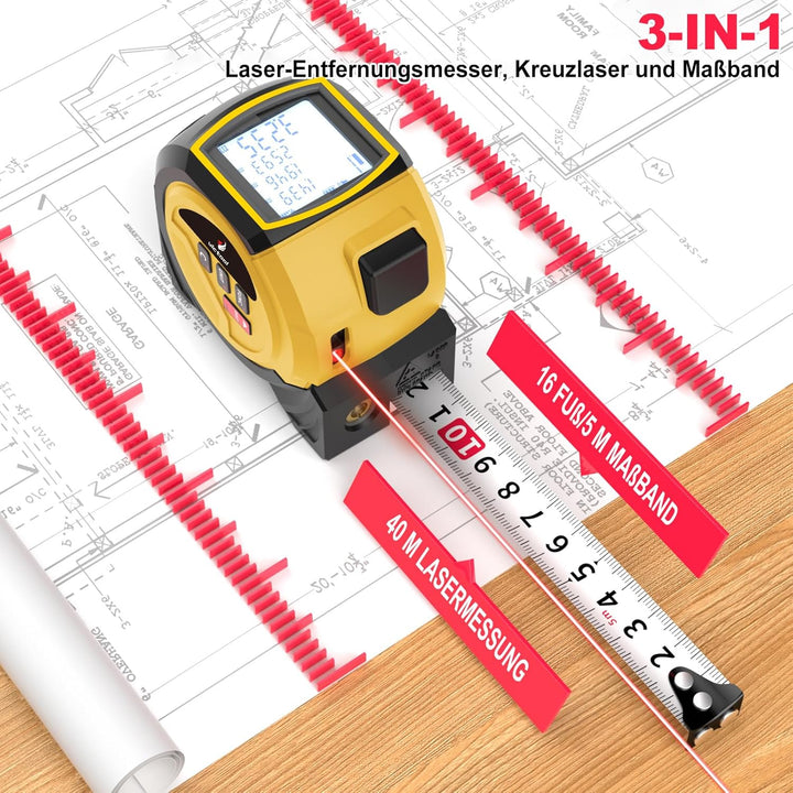 40m Laser Entfernungsmesser Massband, 3-in-1 Digitales Laser messgerät entfernung mit 5m bandmass un