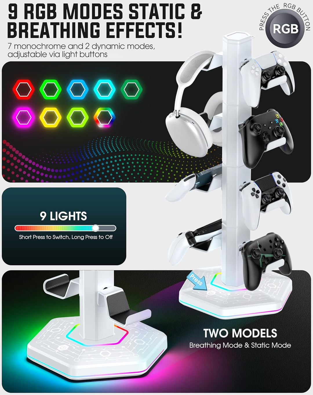 Gaming Controller Ständer mit 9 RGB Lichtmodi, Headset Halterung Tisch mit Abnehmbarer Controller Ha