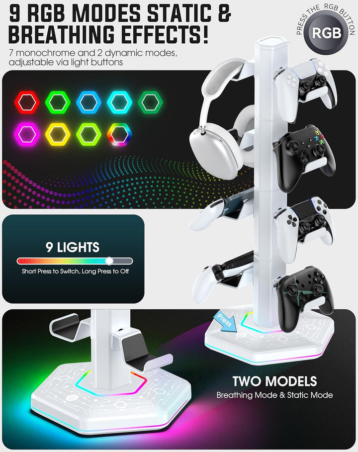 Gaming Controller Ständer mit 9 RGB Lichtmodi, Headset Halterung Tisch mit Abnehmbarer Controller Ha