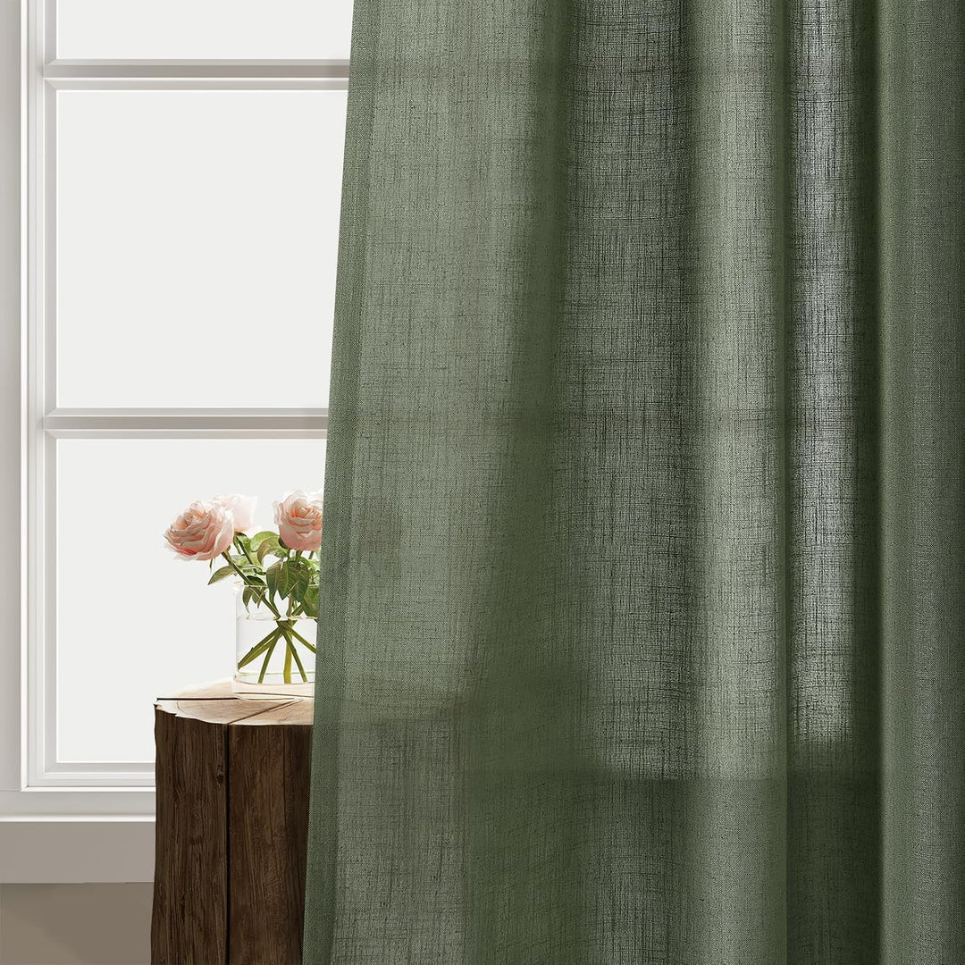 Grüne Leinen-Vorhänge, 137 cm Länge, 2 Paneele für Küche, Esszimmer, Ösen, Lichtfilterung, halbtrans
