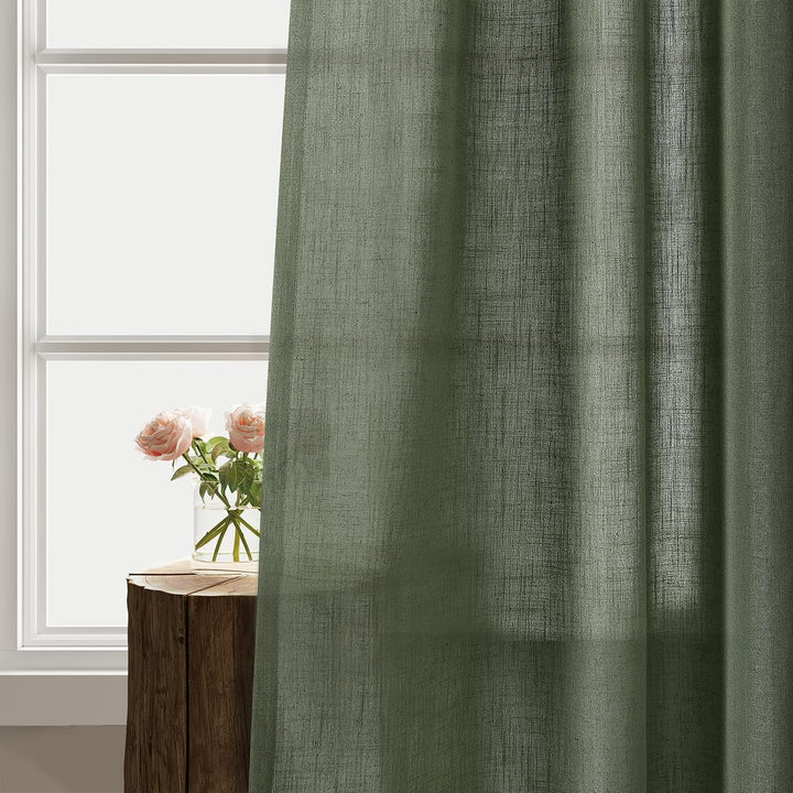 Grüne Leinen-Vorhänge, 137 cm Länge, 2 Paneele für Küche, Esszimmer, Ösen, Lichtfilterung, halbtrans