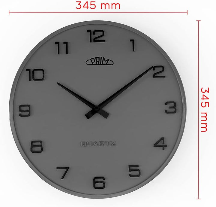 PRIM Design-Kunststoffuhr Bloom III – B, Moderne Wanduhr im Retro Style, Grafit, gewölbtes Glas, lux