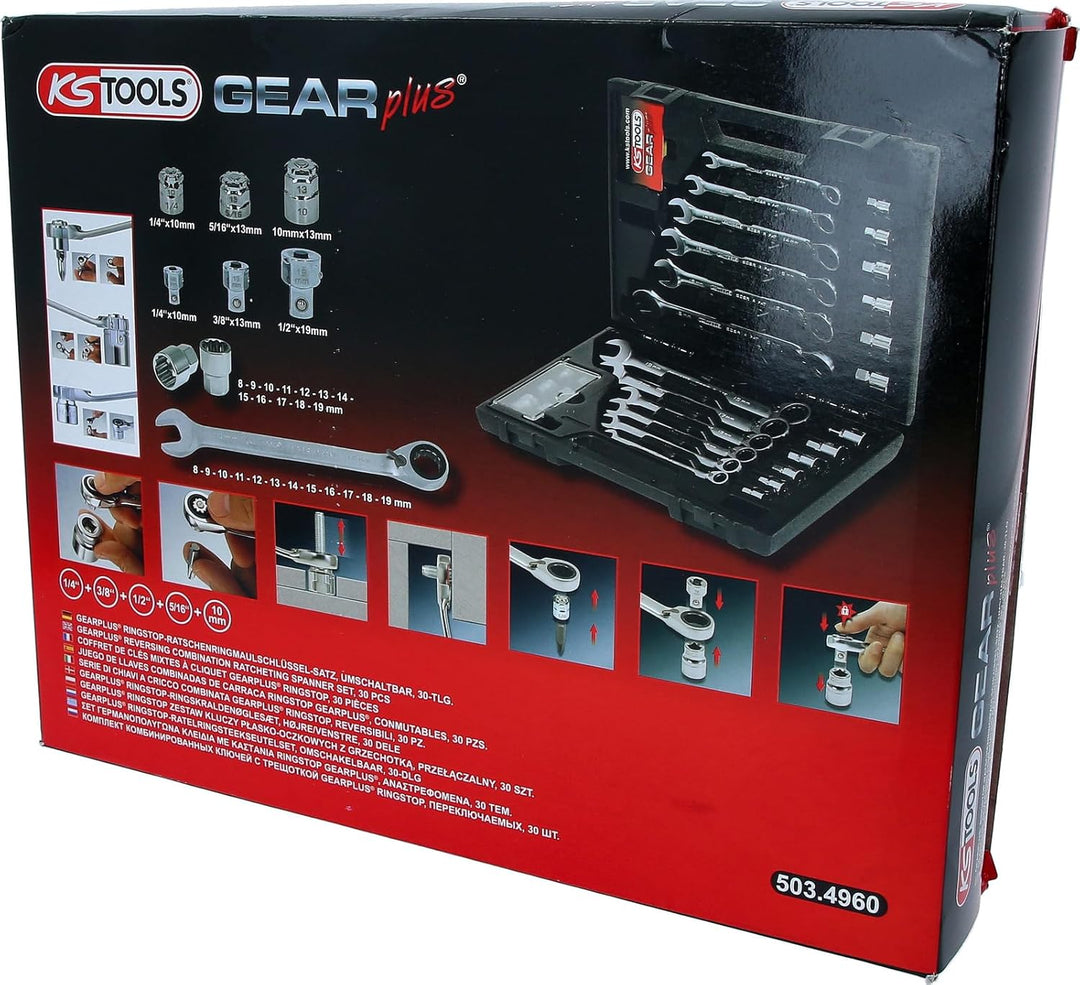 KS Tools 503.4960 GEARplus RINGSTOP-Ratschenringmaulschlüssel-Satz, 30-tlg mit Adapter Single, Singl