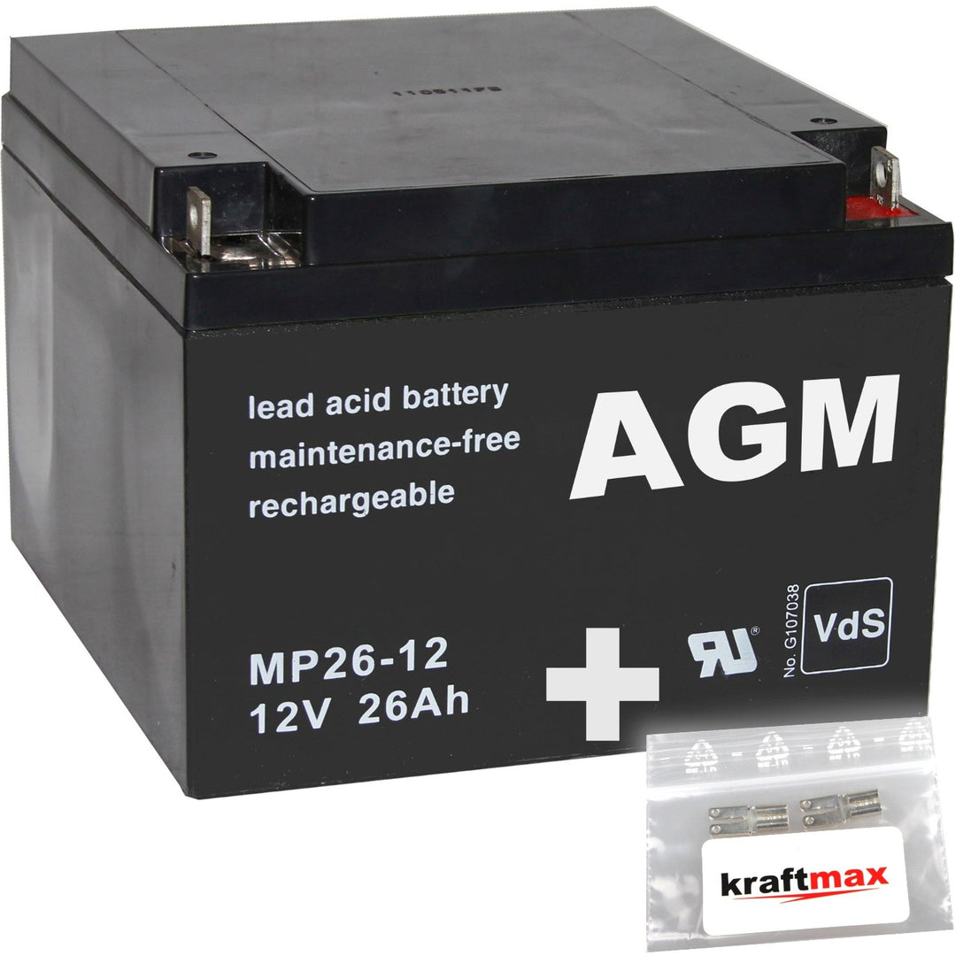 kraftmax 1x AGM 12V / 26Ah Blei-Akku - MP26-12 [ M5 - Bolzen inkl. Schraube und Mutter ] VDs geprüft