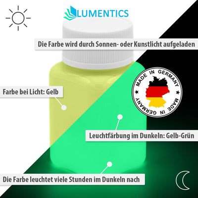LUMENTICS Premium Leuchtfarbe Gelb 100g - Im Dunkeln leuchtende Malfarbe, Nachleuchtfarbe, nachleuch