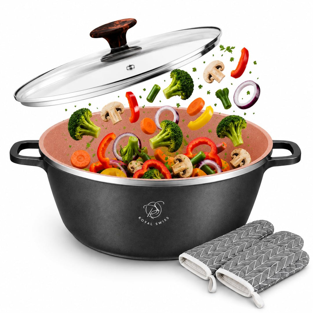 Royal Swiss Kochtopf Ø 32 cm 9,5 L xxl, Aluminiumguss Topf mit Marmor-Antihaftbeschichtung, Induktio