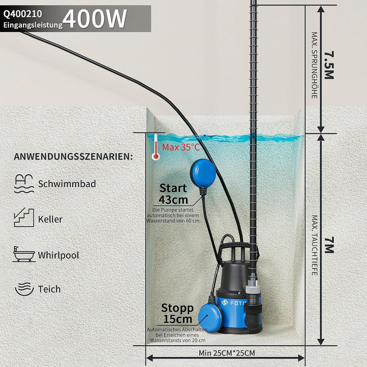 FOTING Tauchpumpe 400 W, 8000 l/h, Förderhöhe max. 8 m, Eintauchtiefe max. 7 m, einstellbarer Schwim