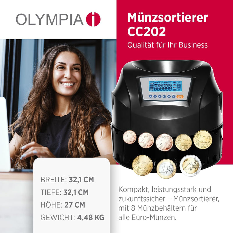 Olympia CC 202 Münzzählmaschine (für Euro-Münzen, LCD-Display, Münzsortierung, Reportfunktion, Elekt