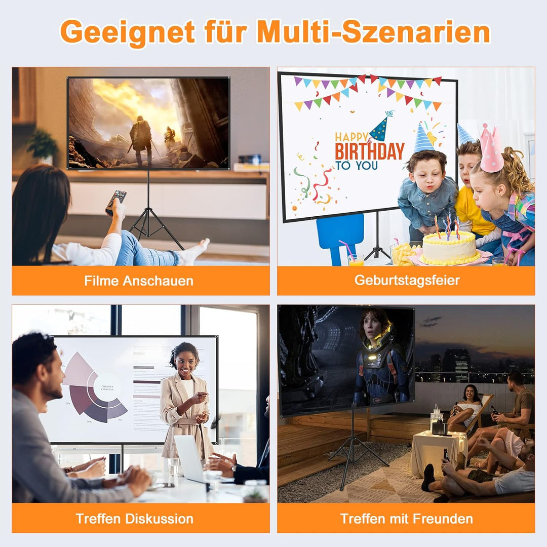 VISULAPEX Leinwand Beamer mit Ständer 80 Zoll, 4K HD 16:9 Leinwand Beamer Tragbar, Leicht und Kompak