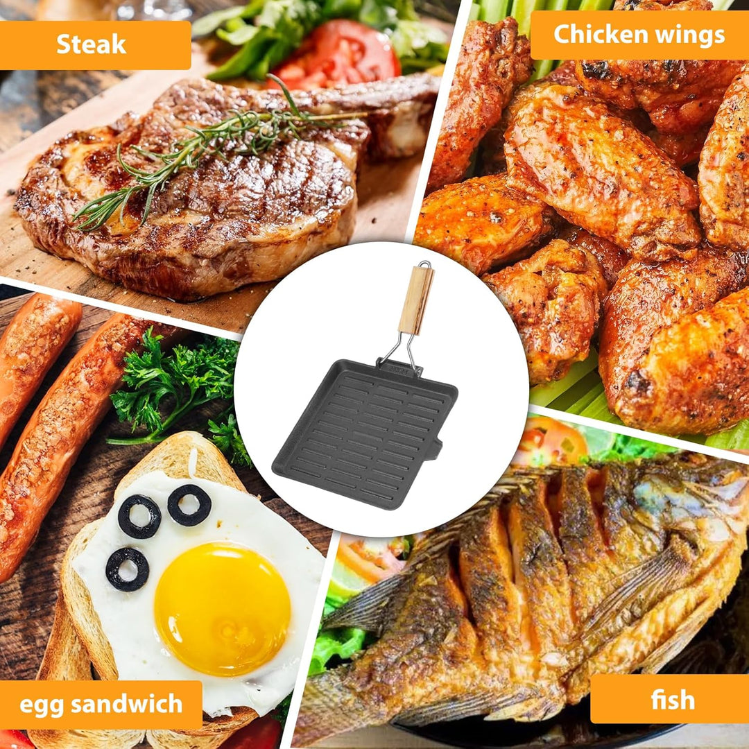Houkiper Steakpfanne 24x24 cm – Rechteckige Steakpfanne mit Grillrillen, Grillpfanne Gusseisen Induk