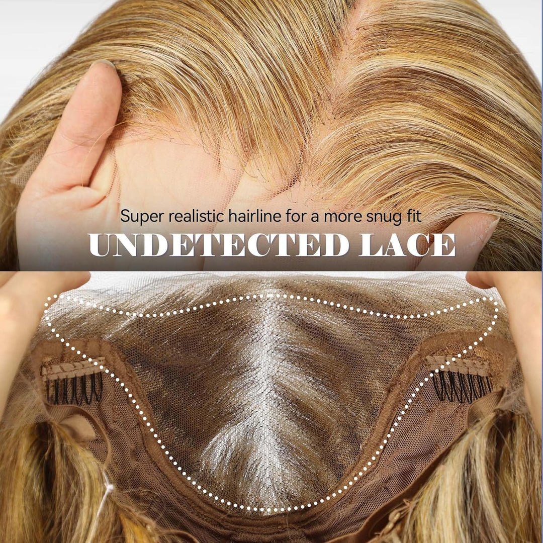 HAIRCUBE 13x6 HD Synthetische Lace-Front-Perücke, 24 Zoll blonde Highlights, lange lockige Stufenper