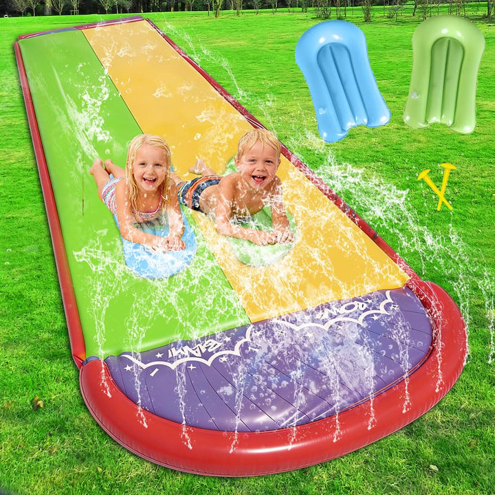 Wasserrutsche Garten für Kinder, 19.7ft/600cm Wasserrutsche mit 2 Bodyboard, Doppelrutsche Wasserrut