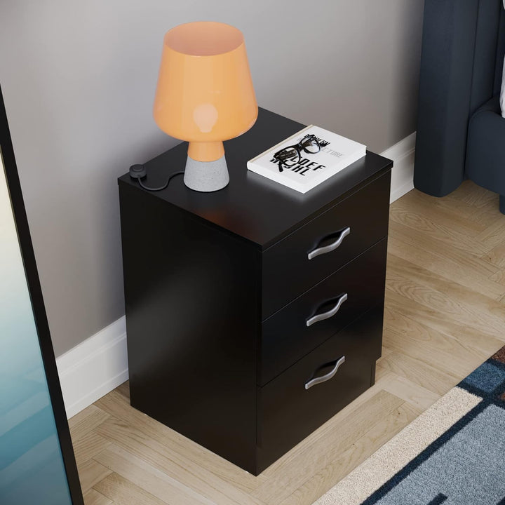 Vida Designs Riano Nachttisch mit 3 Schubladen, Schwarz, Ablagetisch, Schwarz