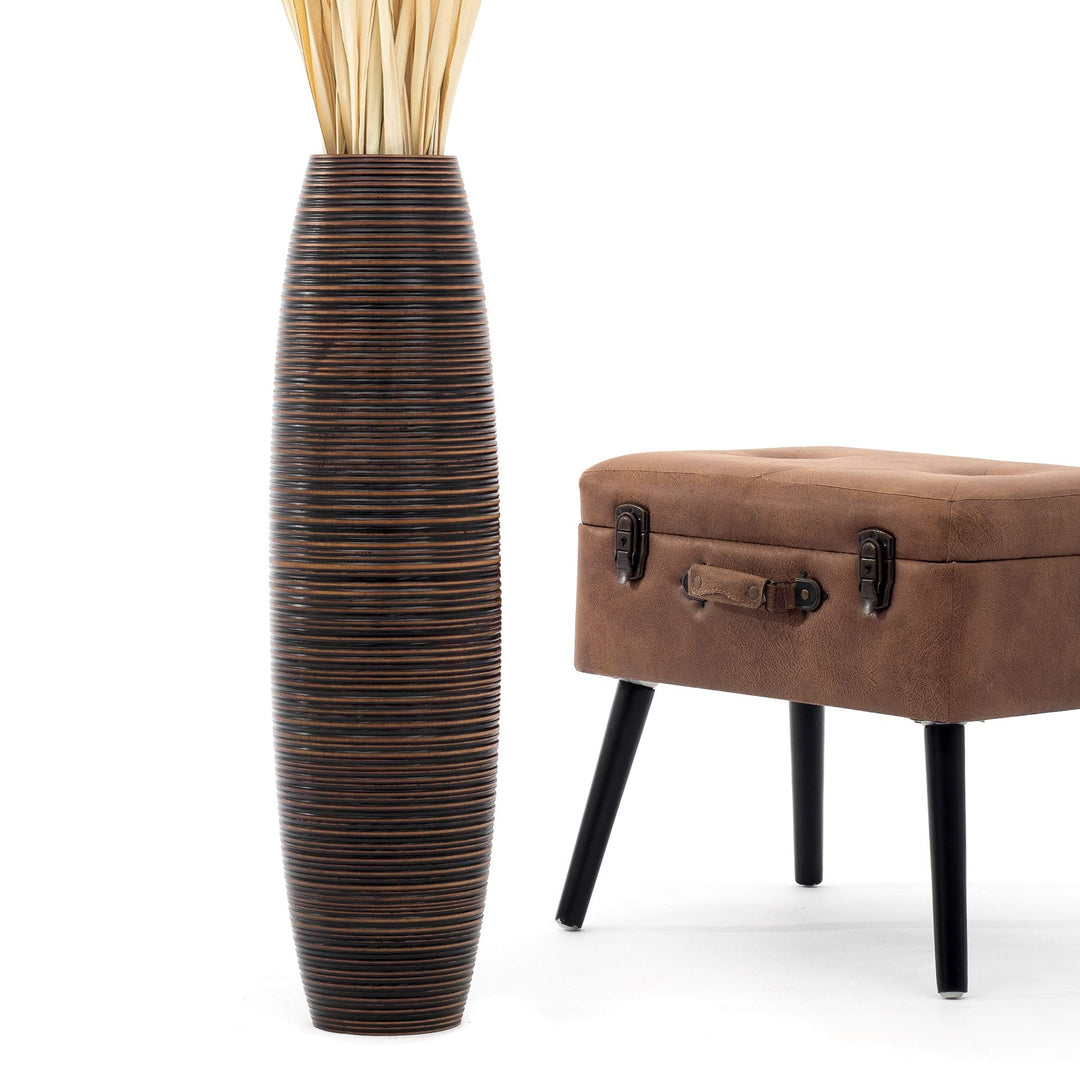 Leewadee Grosse Bodenvase für Dekozweige hohe Standvase Design Holzvase, Holz, 70 cm, Braun 70 cm Br