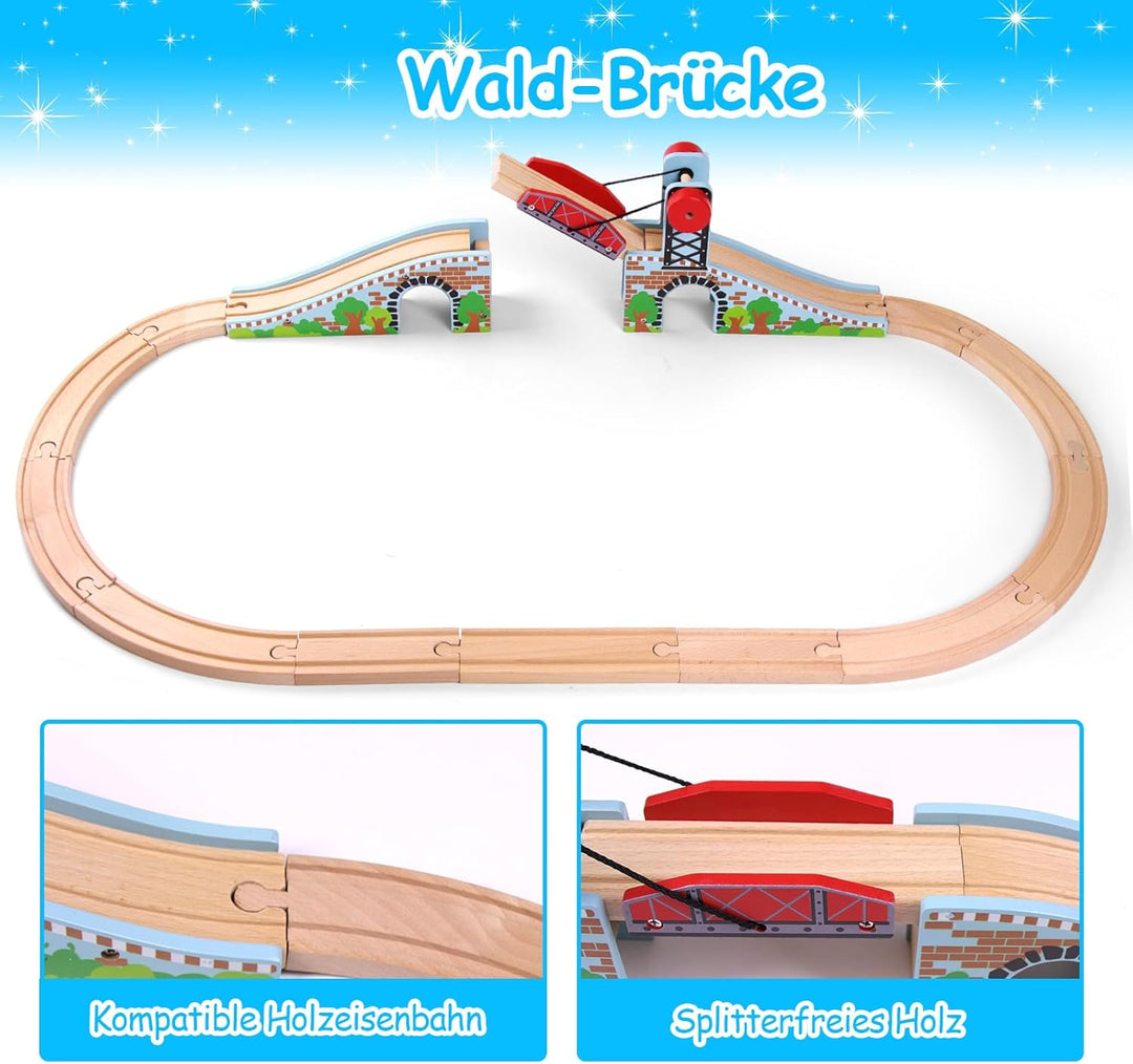 Holzeisenbahn Zubehör, Holzeisenbahn Brücke mit Drehkurbel, Kompatibel mit Alle Eisenbahn Holz Syste