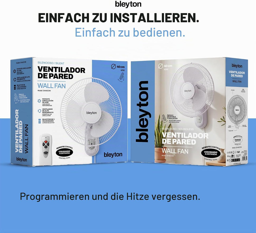 BLEYTON Shadow Wandventilator, leise, mit Fernbedienung, Weiss, 40 W, 3 Geschwindigkeitsstufen, Time