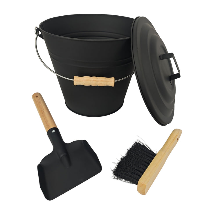 Relaxdays Ascheeimer mit Deckel, 10 Liter, inkl. Aschebesen & Kaminschaufel, Aschebehälter mit Henke