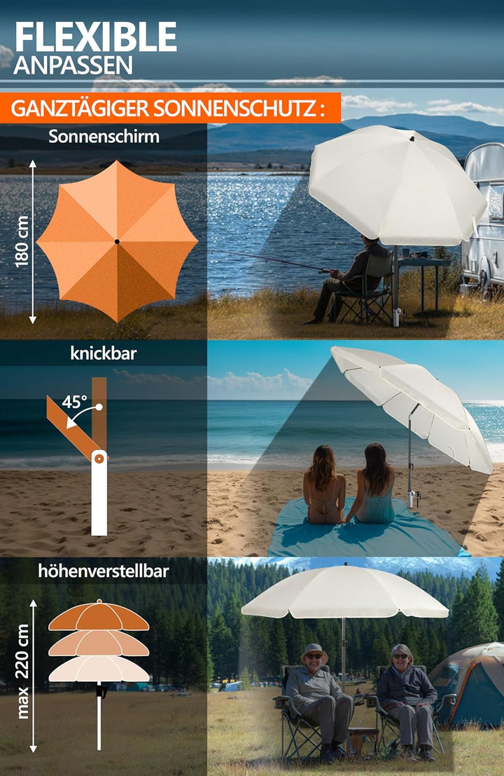 4smile Sonnenschirm Strand Ø 180 cm SET mit Eindrehbodenhülse, Beige | Strandschirm Windfest Stabil