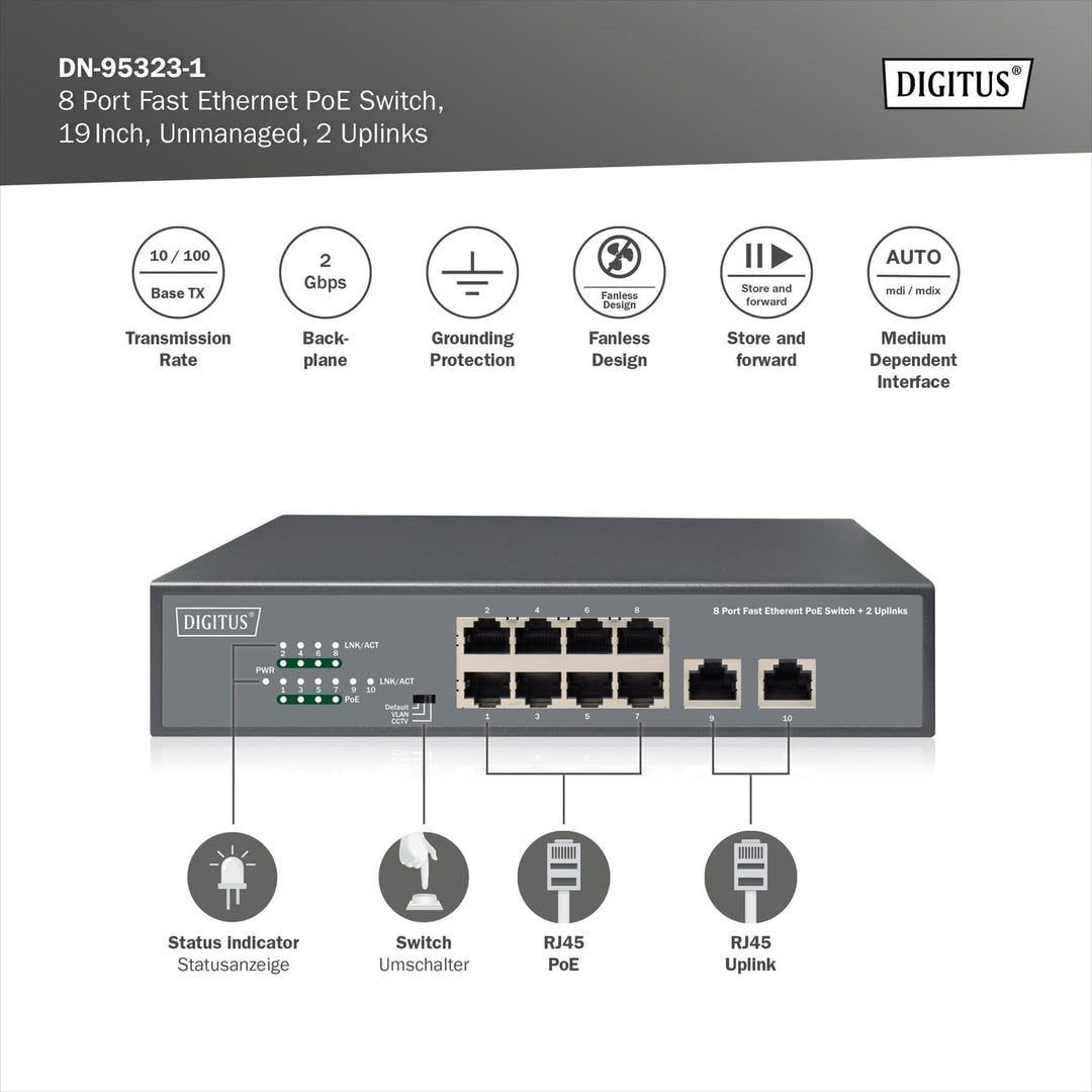 DIGITUS Fast Ethernet PoE+ Switch - 19 Zoll - 8 Ports + 2X Uplink RJ45 - IEEE802.3af/at - 120W Power