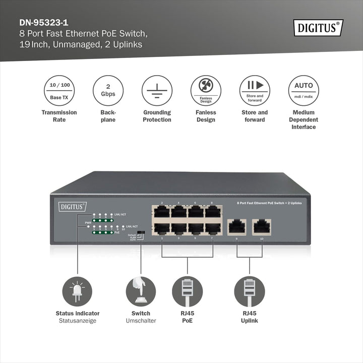 DIGITUS Fast Ethernet PoE+ Switch - 19 Zoll - 8 Ports + 2X Uplink RJ45 - IEEE802.3af/at - 120W Power