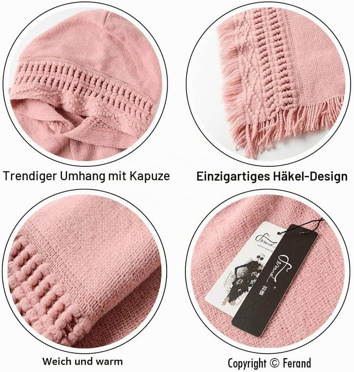 Ferand Damen Poncho mit Kapuze und gehäkeltem Cape mit Fransensaum für Herbst Winter Einheitsgrösse
