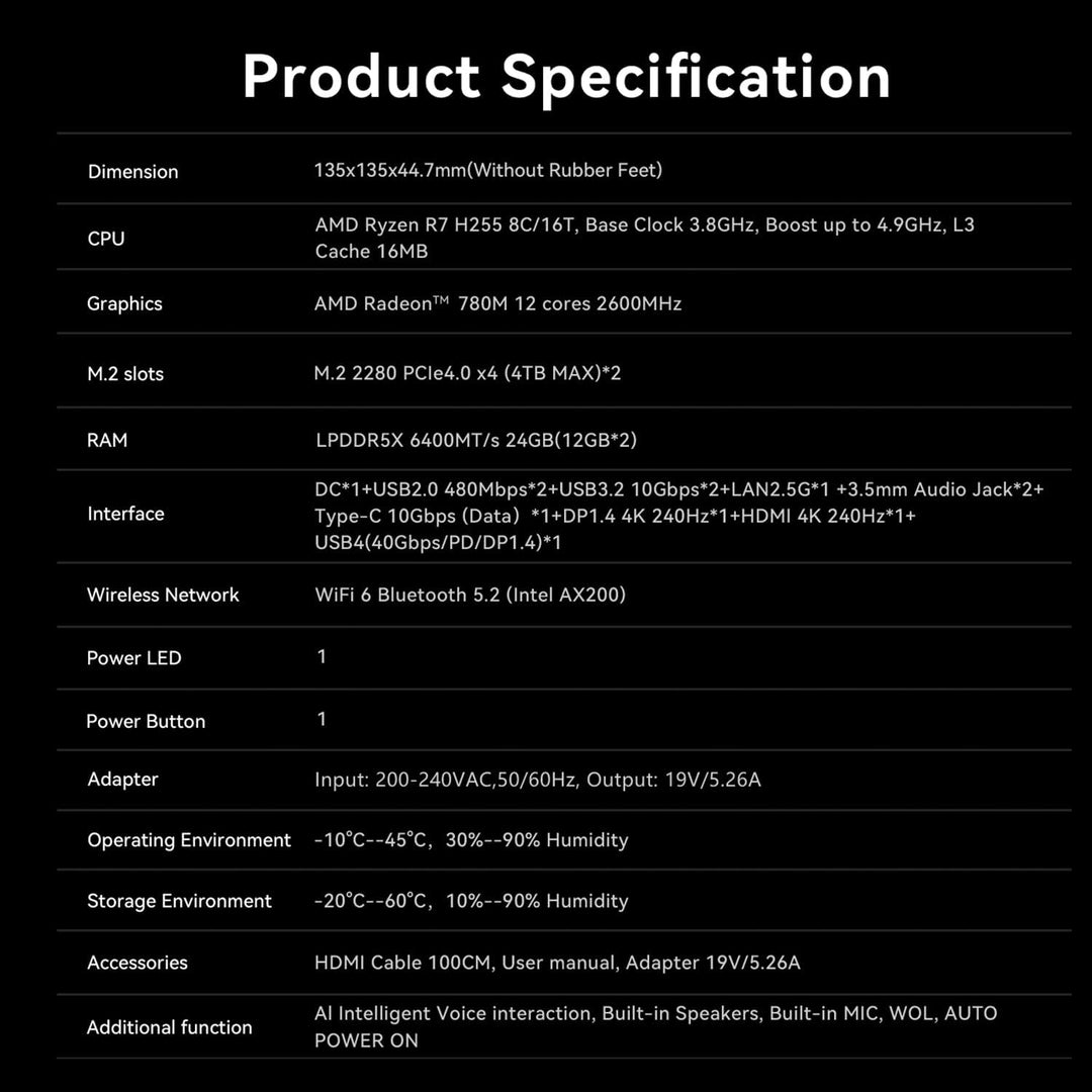 Beelink SER9 Pro AI Mini PC, AMD Ryzen 7 H 255(8C/16T, bis zu 4,9 GHz), 24G LPDDR5X 1TB PCIe4.0 SSD,