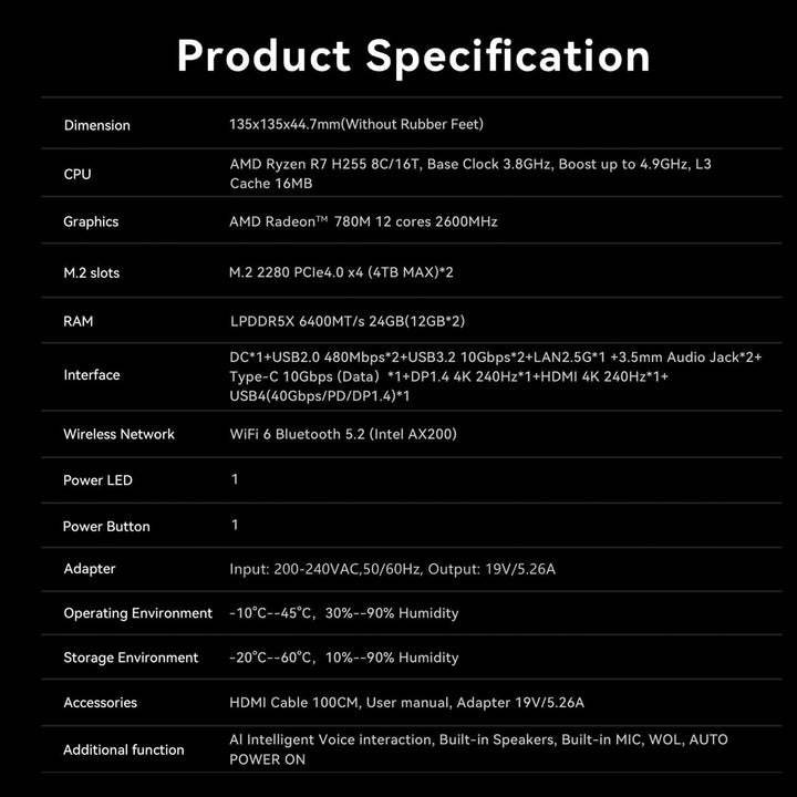 Beelink SER9 Pro AI Mini PC, AMD Ryzen 7 H 255(8C/16T, bis zu 4,9 GHz), 24G LPDDR5X 1TB PCIe4.0 SSD,