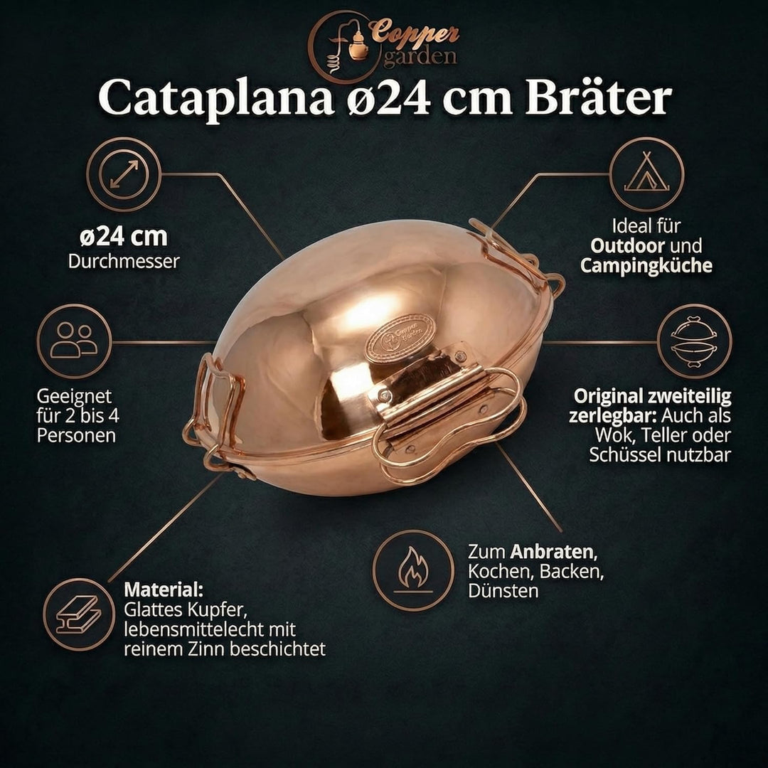 CopperGarden® Cataplana Bräter aus handverzinntem glattem Kupfer mit ca 24 cm Durchmesser I Portugie