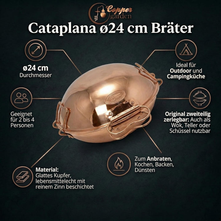 CopperGarden® Cataplana Bräter aus handverzinntem glattem Kupfer mit ca 24 cm Durchmesser I Portugie