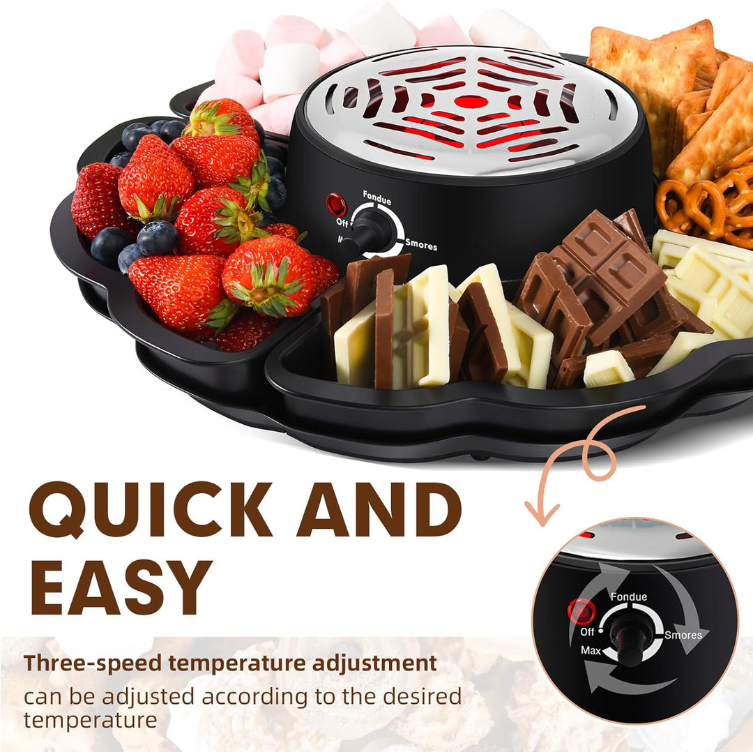 Schokoladenfondue, 2-in-1 Schokofondue Elektrisch & S’mores-Maker, Tischgerät für Innen mit 4 Röster