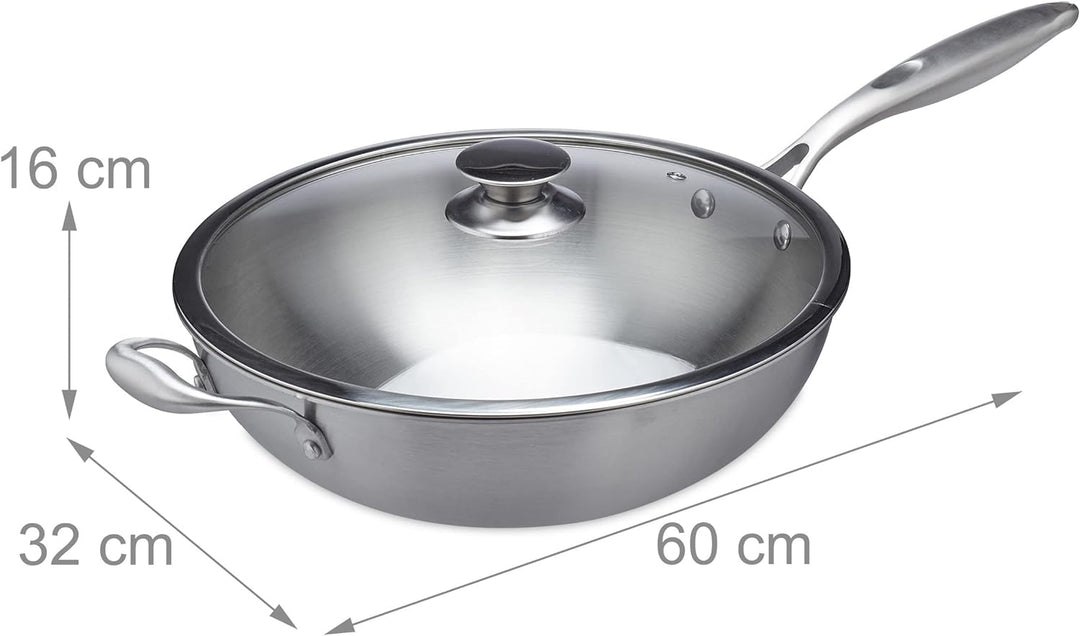 Relaxdays Wok, Ø 32 cm, Edelstahl unbeschichtet, Glasdeckel, Gas-, Elektro-, Induktionsherd, Wokpfan