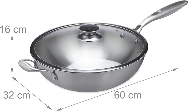 Relaxdays Wok, Ø 32 cm, Edelstahl unbeschichtet, Glasdeckel, Gas-, Elektro-, Induktionsherd, Wokpfan