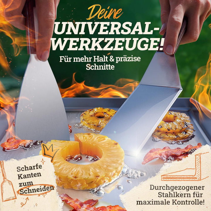 [BUNDLE] Plancha Edelstahl Grillplatte [30x40cm] + Burger Master Set – 4x Grillspachtel, 2x Burgergl