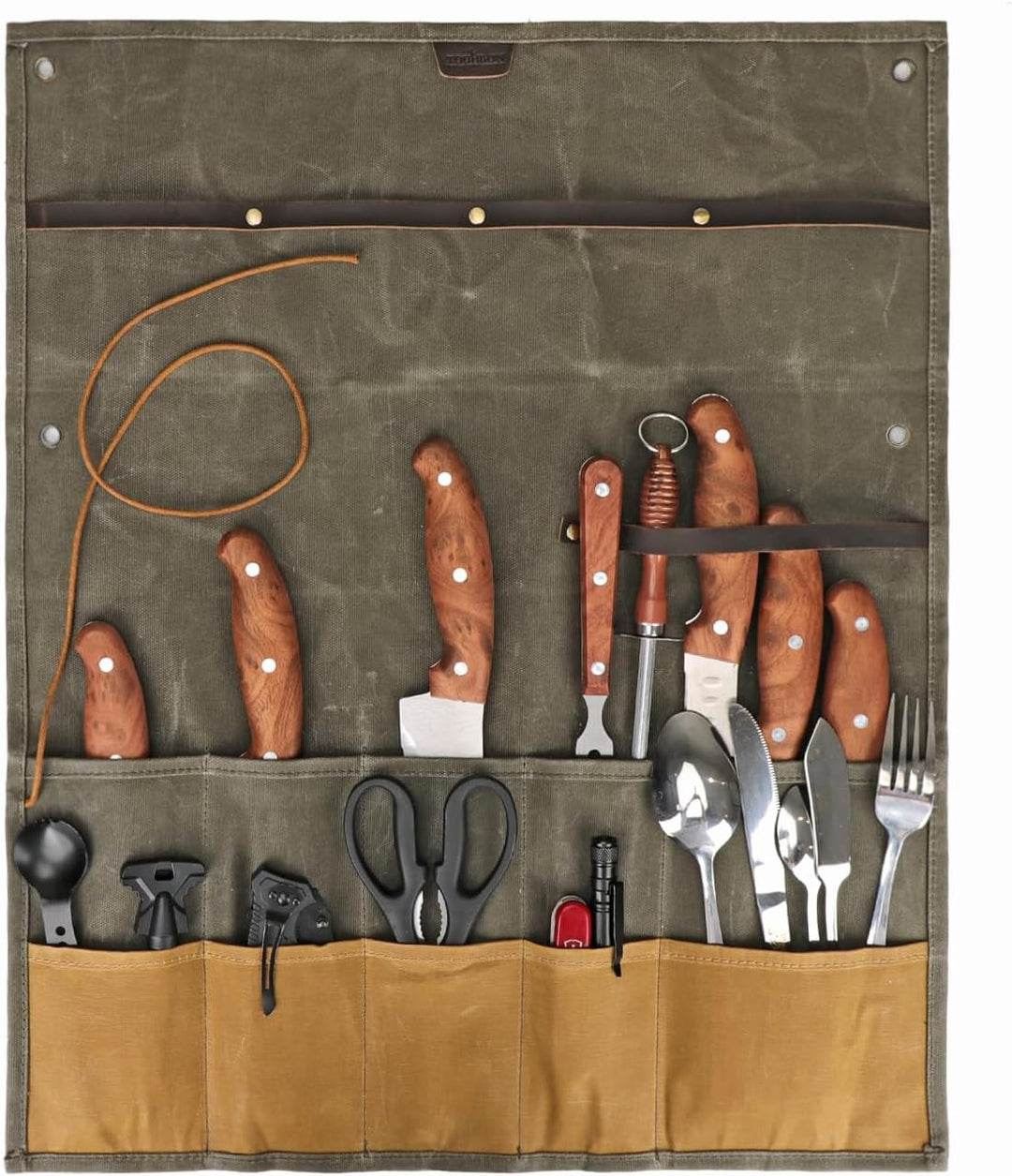 TOURBON Kochmesser-Tasche, gewachstes Segeltuch, tragbar, 10 Taschen, Messer-Aufbewahrung, Werkzeug-