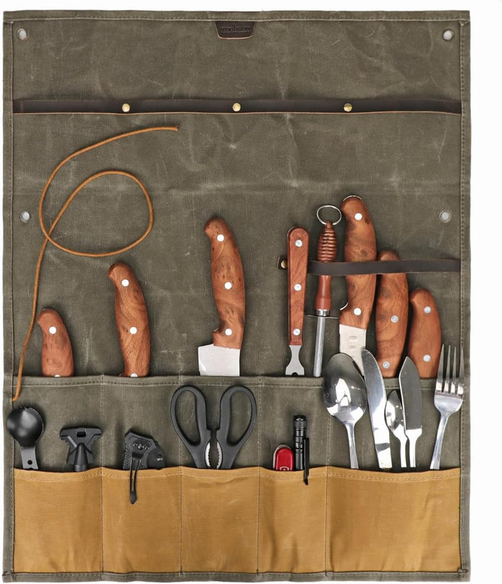 TOURBON Kochmesser-Tasche, gewachstes Segeltuch, tragbar, 10 Taschen, Messer-Aufbewahrung, Werkzeug-