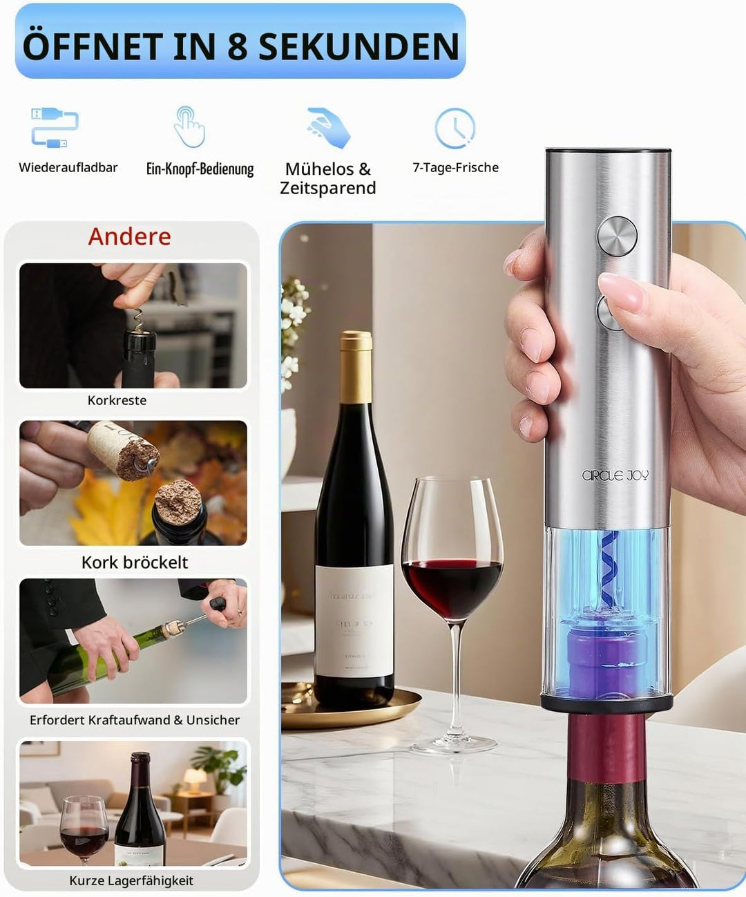 CIRCLE JOY Elektrischer wiederaufladbarer Weinflaschenöffner mit Folienschneider, LED-Licht, automat