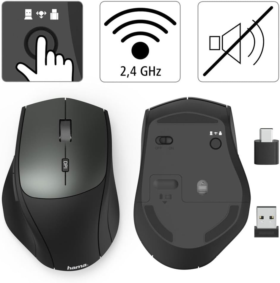 Hama, MW-600 Funk-Maus mit USB-C und USB-A (PC Maus kabellos mit 6 Tasten, leise, optische Maus mit
