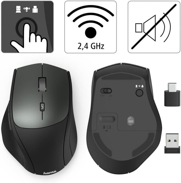 Hama, MW-600 Funk-Maus mit USB-C und USB-A (PC Maus kabellos mit 6 Tasten, leise, optische Maus mit