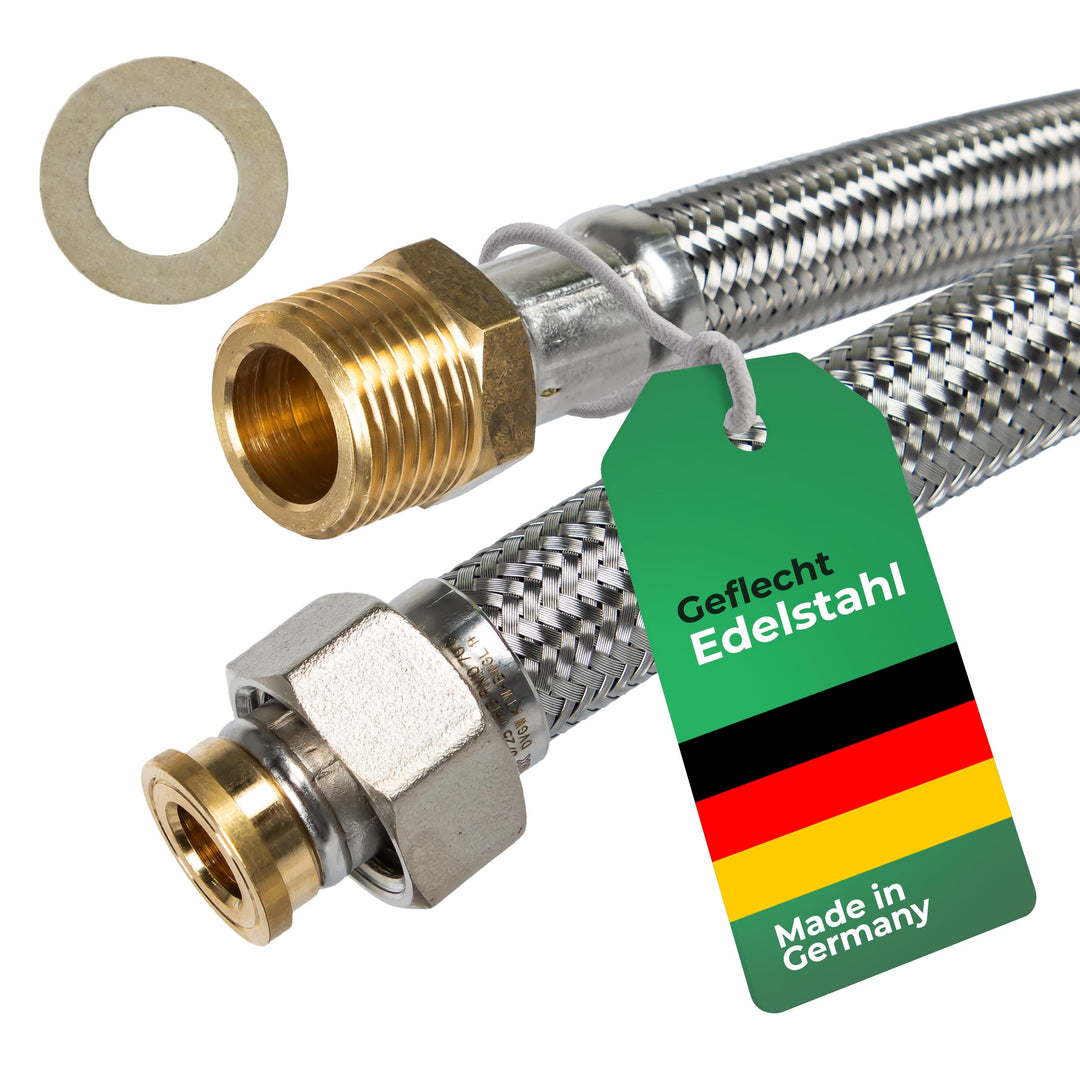 H2O-Flex® Panzerschlauch 1/2"ÜM x 1/2"AG, Flexschlauch DN13 für Sanitär mit Trinkwasserzulassung, 30