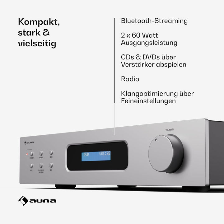 Auna Art22 Verstärker HiFi Stereo Mit Bluetooth & DAB+ Radio – 2x60 W, Optische & Koaxiale Eingänge,