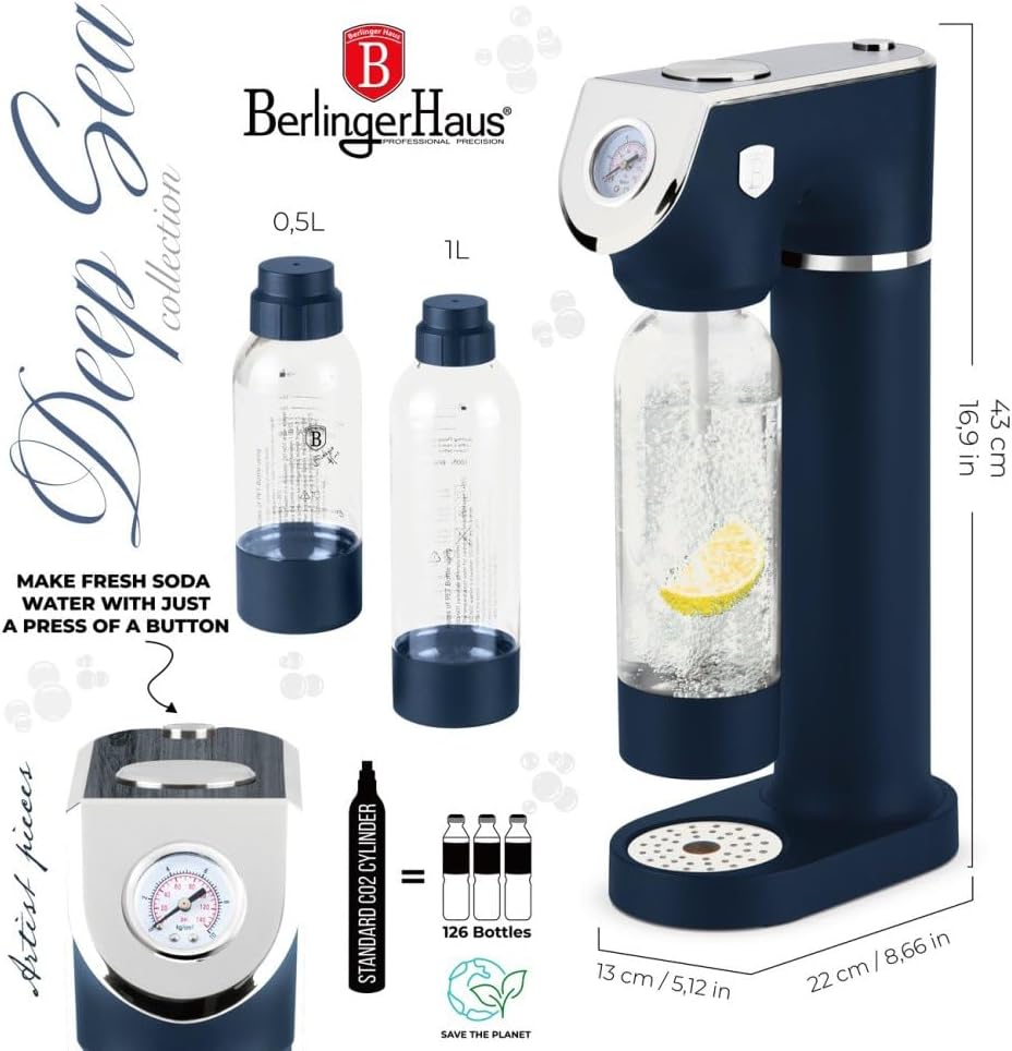 Berlinger Haus – SODABAR Wassersprudler + 2 Flaschen Deep Sea Collection – 2 l – blau