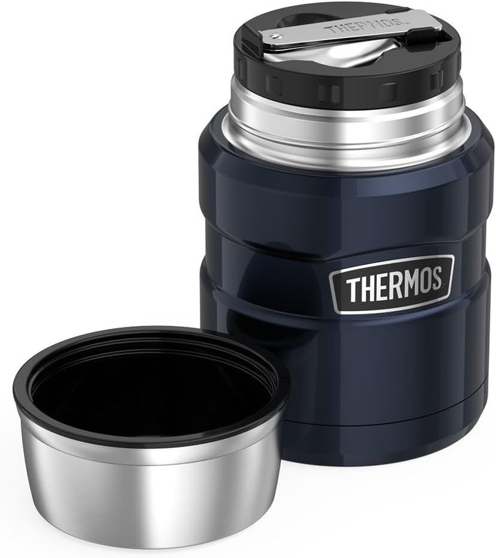 THERMOS Stainless King Vakuumisoliertes Lebensmittelglas mit Löffel, 473 ml, Mitternachtsblau Rot/Au