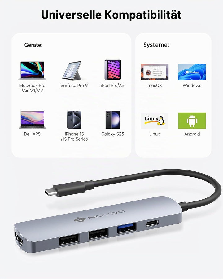 NOVOO 5-in-1 USB-C-Hub, Adapter USB C auf HDMI 4K, Aufladen 100 W PD, USB-C auf USB x 3, USB C Adapt