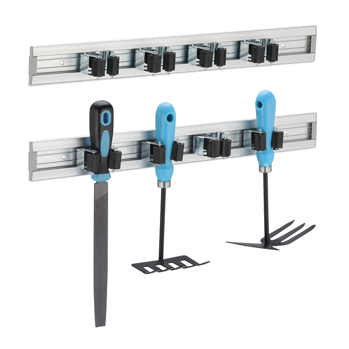 Relaxdays Gerätehalter Wandhalterung, 2er Set, Besenhalter Wand, je 4 Wandklemmen, für Gartengeräte,