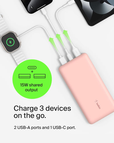 Belkin tragbares USB-C-Ladegerät, 20.000 mAh, 20K Powerbank mit USB-C-Ein-/Ausgang und 2 USB-A-Ansch