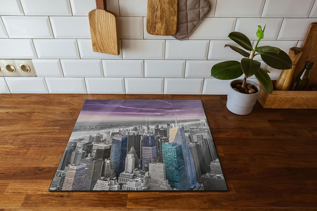 Skyline New York Gewitter Herdabdeckplatte & Spritzschutz aus Echtglas | Für Herd-Kochfelder | 60x52